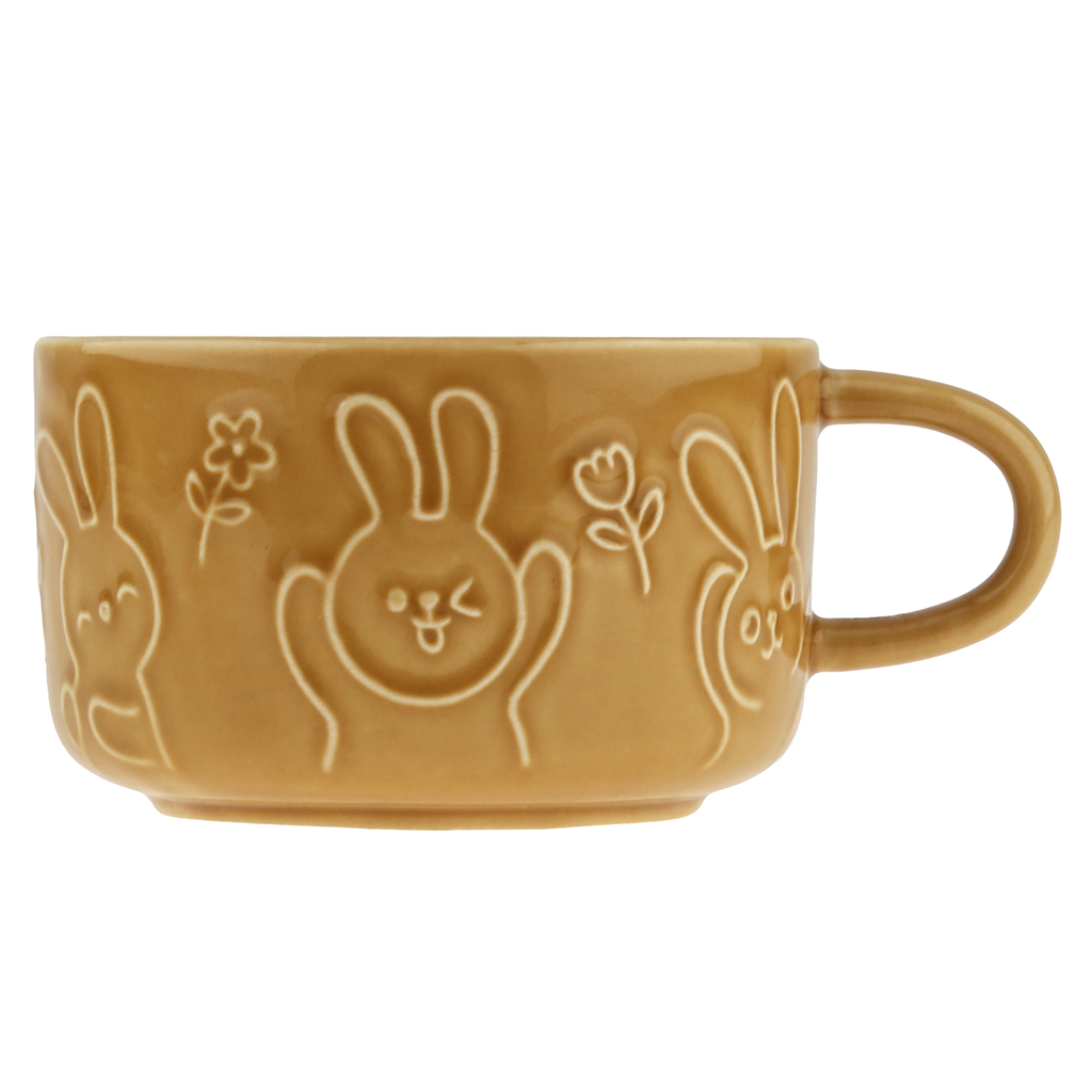 "Зайка моя" Кружка фарфоровая 350мл, д10см, h6,2см, с крышкой-блюдцем h2см, общая h7,5см, отводка, фактурный декор, горчичный, в коробке (Китай)