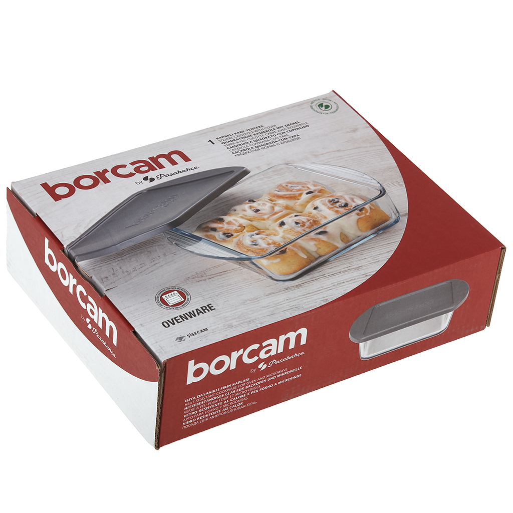 "Боркам (Borcam)" Форма стеклянная жаропрочная 1,08л, 21х16,4х6см, прямоугольная, серая пластмассовая крышкой, с ручками, цветная коробка, Pasabahce (Турция)