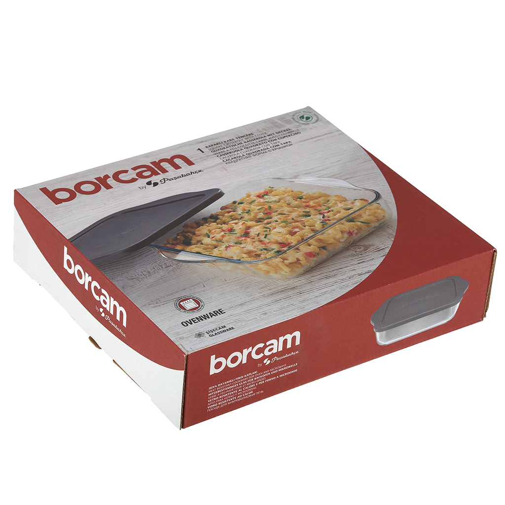 "Боркам (Borcam)" Форма стеклянная жаропрочная 2л, 25,6х22х6см, прямоугольная, серая пластмассовая крышкой, с ручками, цветная коробка, Pasabahce (Турция)